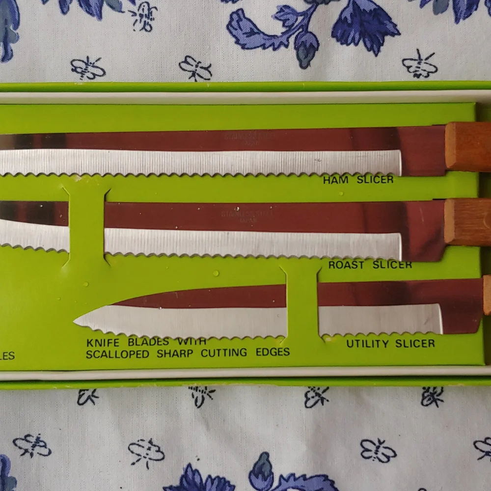 Vtg Japan Made Carving Knife Set, Rose Wood Handle